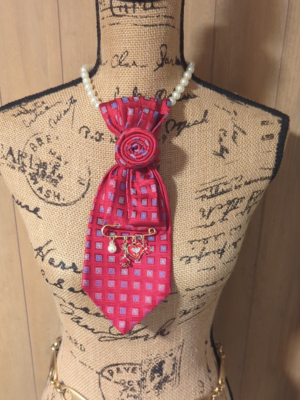 Red Necklace Tie Pendant with Heart Charm